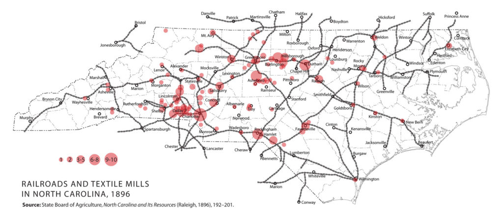 textile mills and railroads in North Carolina, 1896