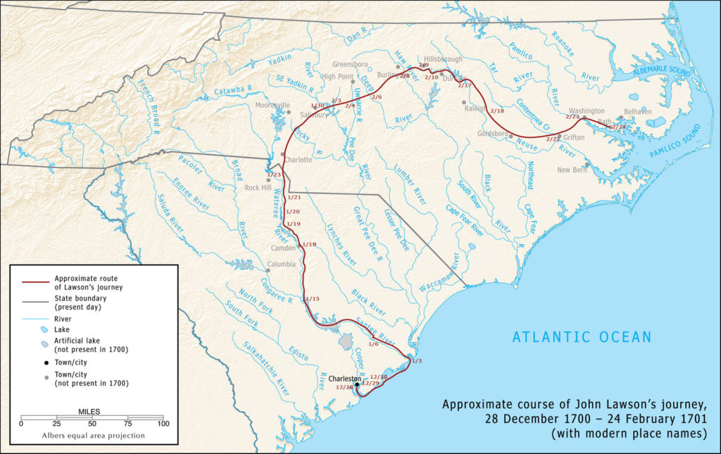 map of Lawson's route, 1700-01